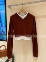 miumiu 25SS Early Fall Collection 🐻 Fake Two-Layer Knit Sweater - Preppy Brown Letter Logo Cropped Pullover - Image 14