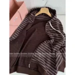 miumiu 2025SS Early Fall Collection 🤎 Striped Logo Hooded Jacket - Oversized Zip-Up w/ Relaxed Fit - Image 6