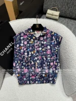 Chanel Unique Vintage Blouse 🌈 Colorful Print Sleeveless Shirt - Notch Collar w/ Letter Logo - Image 13