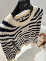 Celine 2025SS Fall/Winter Jacquard Embroidered Logo Sweater 🔍 Black & White Color-Block Round Neck Wool Pullover - Image 5