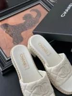 Chanel 2025SS Spring/Summer Collection 🖤 Embroidered Logo Platform Slides - Quilted Block Heel & Genuine Lambskin - Image 27