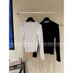Chanel 2025 Early Fall Collection 🤍 Round Neck Frog Button Embroidery 3D Logo Ribbed Long Sleeve Knit Top - Image 6