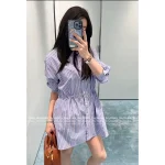 Prada 2025 New Collection 🆕 Academic Style Lapel Vertical Stripe Triangle Logo Tie-Waist Shirt Dress for Women - Image 10