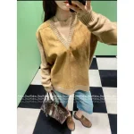 Prada 2025 Early Fall/Winter Collection 🦌 Suede & Pudding Stitch Pullover 100% Wool Sweater - Slimming V-Neck - Image 5
