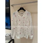 Dior 2025 Fall/Winter Collection 🌷 Round Neck Jacquard Floral Embroidery White Pullover Sweater - 100% Wool