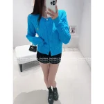 Loewe 2025 Early Fall Collection 💙 Embroidered Letter Logo & Crochet Cable Stitch Peacock Blue Wool Knit Cardigan - Image 4