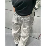 ALEXANDERWANG 2025 ☑️ Drawstring Waist Gray Tone Print Letter Logo Casual Wide-Leg Cargo Pants for Women - Image 6