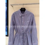 Prada 2025 New Collection 🆕 Academic Style Lapel Vertical Stripe Triangle Logo Tie-Waist Shirt Dress for Women - Image 8