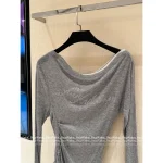 ANNANDELMAN 2025 Early Fall/Winter Collection 🩶 Indie Design Asymmetric Neckline Crystal-Embellished Gray Stretch Knit Top for Women - Image 7