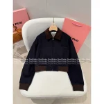 miumiu 2025 Early Fall Collection 🆕 Letter Logo Color-Block Corduroy Lapel Wool-Blend Cotton Coat for Women - Image 11