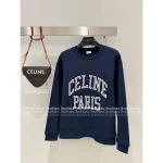 Celine 2025 Early Fall/Winter Collection 💙 Printed Letter Logo Navy Blue Pullover Hoodie for Women