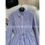 Prada 2025 New Collection 🆕 Academic Style Lapel Vertical Stripe Triangle Logo Tie-Waist Shirt Dress for Women - Image 6