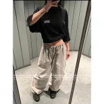 ALEXANDERWANG 2025 ☑️ Drawstring Waist Gray Tone Print Letter Logo Casual Wide-Leg Cargo Pants for Women - Image 2