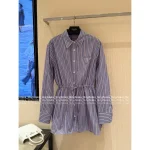 Prada 2025 New Collection 🆕 Academic Style Lapel Vertical Stripe Triangle Logo Tie-Waist Shirt Dress for Women