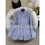 Prada 2025 New Collection 🆕 Academic Style Lapel Vertical Stripe Triangle Logo Tie-Waist Shirt Dress for Women - Image 3