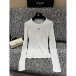 Chanel 2025 Fall/Winter Collection 🤍 Round Neck Stretch Slim-Fit Cotton Sparkle Logo Base Layer Long Sleeve Knit Top - Image 2