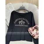 CHROME HEARTS 2025 Early Fall Collection 🤍 Crystal Cross & Letter Logo Asymmetric Shoulder Long Sleeve T-Shirt - Black & White Colors - Image 13