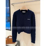 miumiu 2025 Early Fall/Winter Collection 💙 V-Neck Letter Logo Cable & Crochet 100% Wool Knit Sweater - Image 4