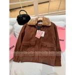 miumiu 2025 Early Fall/Winter Collection 🐻 Patchwork Fur Collar Suede Wool Jacket - Quilted Lining for Warmth & Comfort - Image 9