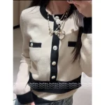 Chanel 2025 Fall/Winter Collection 🔍 Patchwork False Two-Piece Design Color-Block Bow Crystal Button 🐑 Round Neck Cashmere Knit Cardigan for Women - Image 4