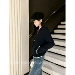 THOM BROWNE 2025 Fall/Winter Collection 👧 Color-Block Pocket Knit Wool Baseball Jacket for Women - Image 5