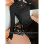 Loewe 2025 Early Fall Collection 🖤 Metal Logo Mock Neck Slim-Fit Slit Detail Dress / Maxi Dress - Image 3