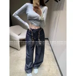 miumiu 2025 Fall Collection 👖 Scarf Tie Accent Embroidered Letter Pocket High-Waist Slimming Wide Leg Pants for Women - Image 15