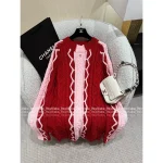Chanel 2025 Fall/Winter Runway Collection ♥️ Color-Block Red Tone Round Neck Crystal Embellished Knit Dress - 100% Imported Wool - Image 3