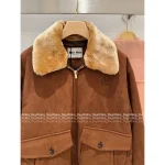 miumiu 2025 Early Fall/Winter Collection 🐻 Patchwork Fur Collar Suede Wool Jacket - Quilted Lining for Warmth & Comfort - Image 5