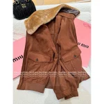miumiu 2025 Early Fall/Winter Collection 🐻 Patchwork Fur Collar Suede Wool Jacket - Quilted Lining for Warmth & Comfort - Image 4
