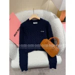 miumiu 2025 Early Fall/Winter Collection 💙 V-Neck Letter Logo Cable & Crochet 100% Wool Knit Sweater - Image 11