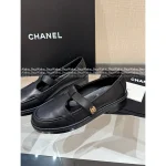 Chanel 2025 Fall/Winter Collection 🌈 Cut-Out Silver Buckle Logo Genuine Leather Loafers / Women's Shoes - 4 Colors Available - Image 4