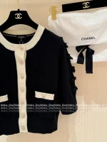 Chanel 2025 Fall/Winter Collection 🤍 100% Kashmir Cashmere Handmade Bow 🎀 Color-Block Pocket Knit Cardigan - Image 4