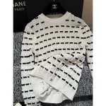 Chanel Girly Aesthetic ~ Bow Detail 🎀 2025 Fall/Winter Collection 3D Jacquard Round Neck Striped Wool 🦙 Knit Short Sleeve / Pullover Sweater - Image 13