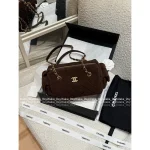 Chanel 2025 Fall/Winter Runway Collection 🐻 Premium Teddy Brown Suede Metal Logo Chain Large Bowling Bag - Image 3