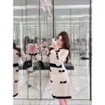 Chanel Dust Bag Included ✉️ 2025 Fall/Winter Collection 🆕 Color-Block False Two-Piece Design Patch Pocket Bow Crystal Button Wool Knit Dress for Women