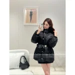Prada 2025 Early Fall/Winter Collection 🔍 Classic Inverted Triangle ▶️ Badge Logo Stand-Collar Belted Puffer Coat with 90% White Duck Down