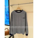 miumiu 2025 Early Fall Collection Round Neck Pocket Striped Logo 100% Cotton Base Layer Long Sleeve