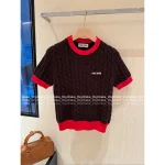 miumiu 2025 Early Fall/Winter Collection ♥️ Colorblock Round Neck Red Jacquard Letter Logo Cable Cashmere Knit Short Sleeve Tee