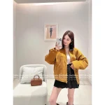 miumiu 2025 Early Fall/Winter Collection 🐻 Ginger Leather-Trim Logo Corduroy Pocket Lightweight Quilted Jacket for Women - Oversized Fit - Image 8