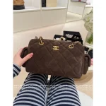 Chanel 2025 Fall/Winter Runway Collection 🐻 Premium Teddy Brown Suede Metal Logo Chain Large Bowling Bag - Image 9