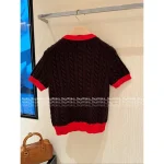 miumiu 2025 Early Fall/Winter Collection ♥️ Colorblock Round Neck Red Jacquard Letter Logo Cable Cashmere Knit Short Sleeve Tee - Image 7