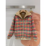 miumiu 2025 Early Fall/Winter Collection 🌈 Rainbow Plaid Fleece Zip-Up Puffer Sherpa Jacket for Women Casual