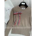 THOM BROWNE 2025 Milk Tea Brown Color Palette ☕️ Detachable Bow Tie Brooch Classic Four-Stripe 100% Wool 🦙 Knit Pullover - Image 11