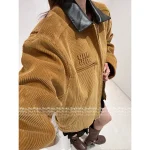 miumiu 2025 Early Fall/Winter Collection 🐻 Ginger Leather-Trim Logo Corduroy Pocket Lightweight Quilted Jacket for Women - Oversized Fit - Image 6
