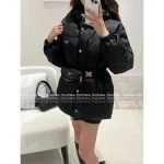 Prada 2025 Early Fall/Winter Collection 🔍 Classic Inverted Triangle ▶️ Badge Logo Stand-Collar Belted Puffer Coat with 90% White Duck Down - Image 9