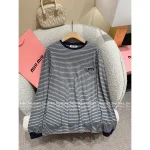 miumiu 2025 Early Fall Collection Round Neck Pocket Striped Logo 100% Cotton Base Layer Long Sleeve - Image 3