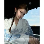 CHROME HEARTS 2025 Fall Collection 🩵 Blue Sanskrit Letter Print Logo Stylish V-Neck Long Sleeve T-Shirt - Image 8