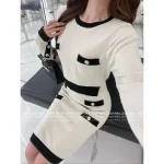 Chanel Dust Bag Included ✉️ 2025 Fall/Winter Collection 🆕 Color-Block False Two-Piece Design Patch Pocket Bow Crystal Button Wool Knit Dress for Women - Image 4