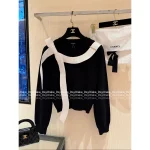 Chanel Dust Bag Included 🎀 2025 Fall/Winter Collection Black-White Colorblock Bow Tie Round Neck Wool Knit Dress for Women - Image 13